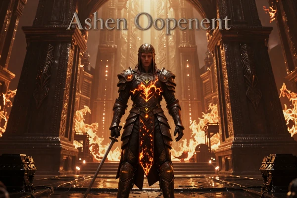 Ashen Covenant - armored warrior at the gates of a burning ancient city, ember-scorched epic fantasy cover art