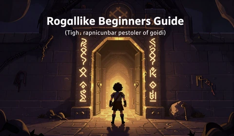 Roguelikes for beginners - a lone player character at a dungeon entrance with amber and purple glowing runes