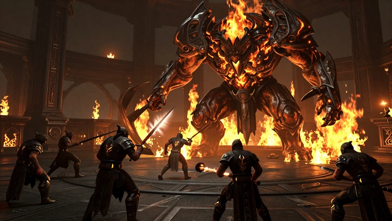 Ashen Covenant - warrior battles a colossal ember golem inside a burning forge arena