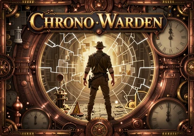 Chrono Warden - a time traveller stands amid fractured timelines with copper steampunk clock imagery
