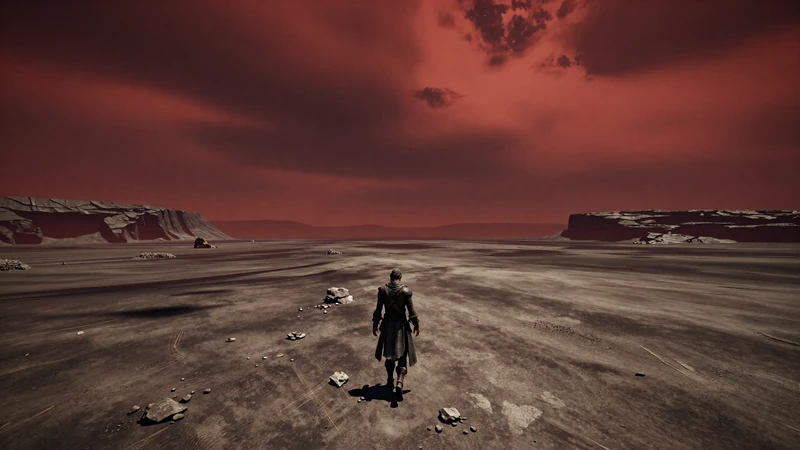 Ashen Covenant - a character traverses a vast ash-covered plain under a crimson sky
