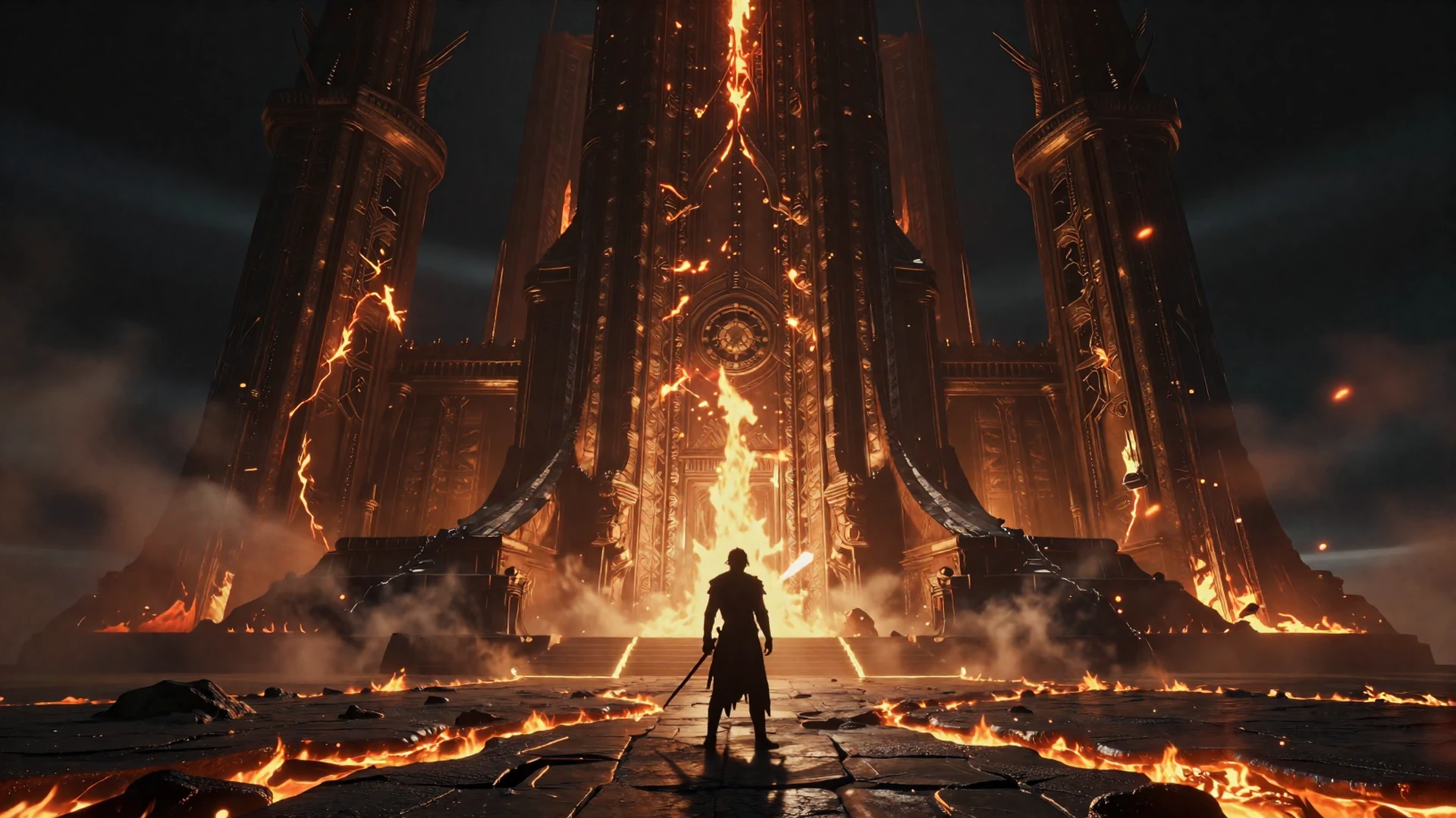 Ashen Covenant - a lone warrior stands before a burning ancient fortress, ember light and crimson smoke filling a vast dark sky