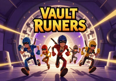 Vault Runners - a heist team of four sprints through a glowing vault with purple and gold energy effects