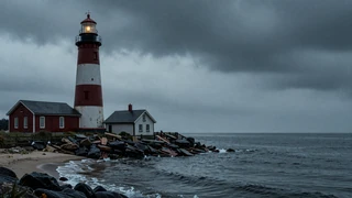 Saltmarsh Herald - a mysterious rain-soaked coastal town with a looming lighthouse