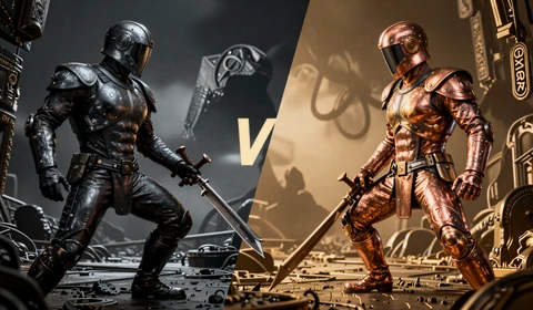 Tactical RPG comparison - two contrasting game worlds split by tone: dark moody versus copper and gold