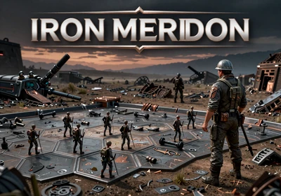 Iron Meridian - a commander surveys a war-torn battlefield at dusk with copper and steel lighting