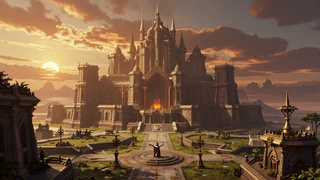 Emberveil Chronicles - golden amber sunset over a vast fantasy kingdom