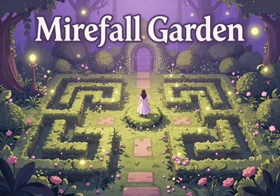 Mirefall Garden - an enchanted overgrown garden maze glowing with soft pastel purple and green magic