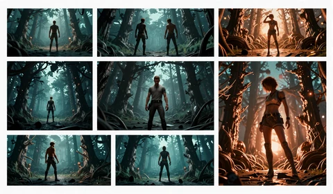 Top narrative adventures - a collage of story-driven game scenes in deep teal and copper editorial tones