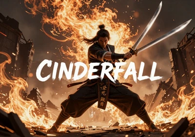 Cinderfall - an acrobatic samurai leaps through burning ruins with fire and smoke in the background