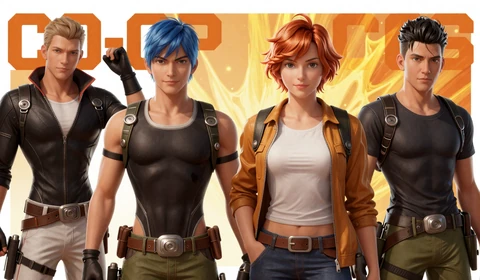 Co-op games roundup - four diverse game characters in squad formation with ember and amber tones