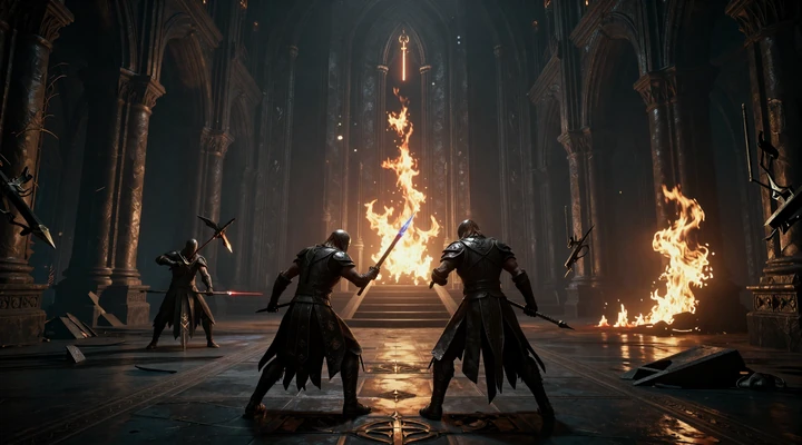 Ashen Covenant gameplay - a warrior battles in a ruined ember-lit cathedral, deep shadows and firelight