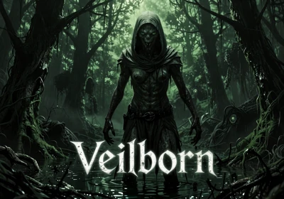Veilborn - a creature hunter navigates a cursed swamp with glowing eyes emerging from deep green shadows