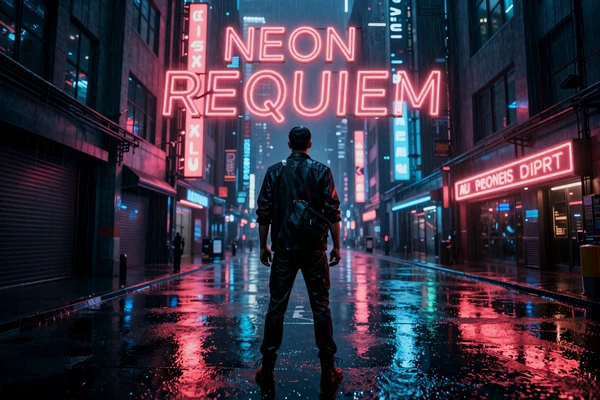Neon Requiem - a cyberpunk detective on rain-slicked streets with crimson and blue neon reflections