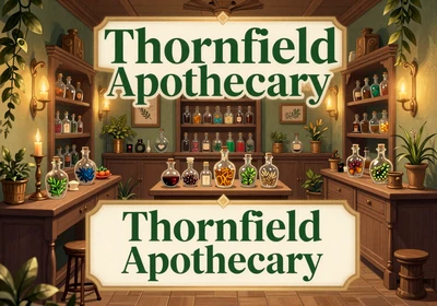Thornfield Apothecary - an alchemist's warm candlelit shop filled with herbs and glass potion bottles