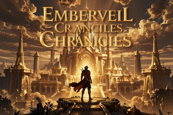 Emberveil Chronicles - a lone hero overlooks a vast golden fantasy kingdom at twilight under dramatic amber clouds