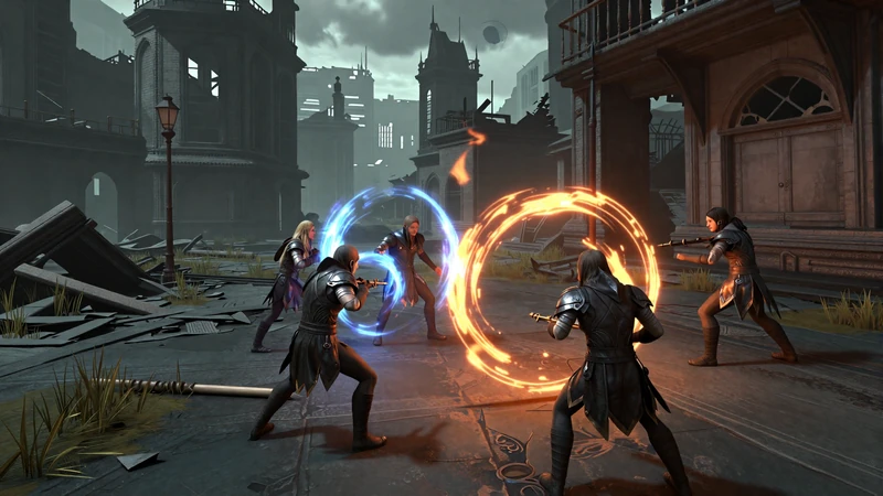 Ashen Covenant co-op - three players battle together in ruined city streets with glowing ember magic abilities