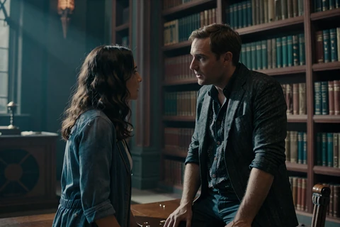Two characters in dramatic story-driven conversation bathed in teal and copper light