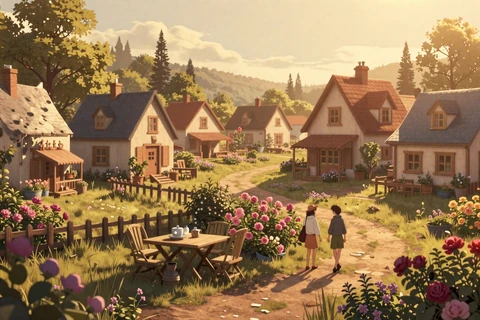 Warm golden farmhouse scene with blooming gardens representing Cozy Escapes mood