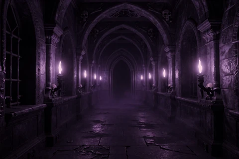 Dark gothic corridor with purple torchlight representing Dark Worlds mood
