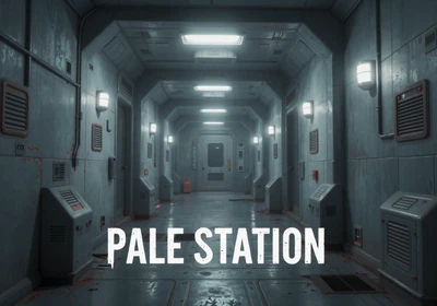 Pale Station - an eerie abandoned space station corridor with flickering emergency lights in cold blue tones