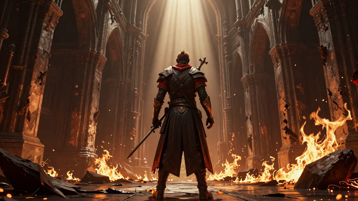 Ashen Covenant key art - a warrior stands in a ruined ember-scorched cathedral with dramatic volumetric firelight