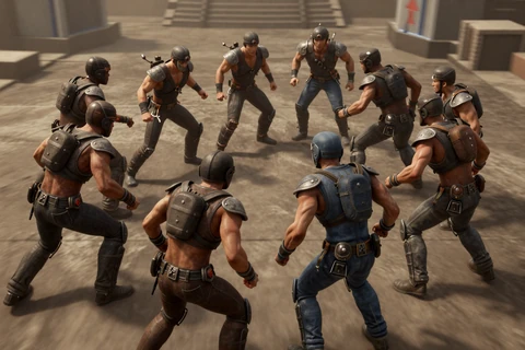 A squad of heroes charging together in warm ember light representing Co-op Nights mood