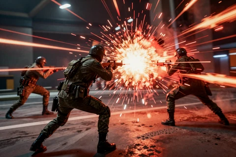 High-speed explosive action combat scene representing Fast Action mood