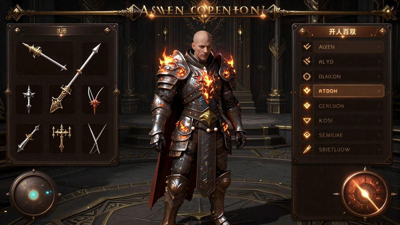 Ashen Covenant character customisation - ornate ember-scorched armour with copper and gold crafting interface