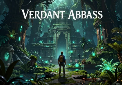 Verdant Abyss - an explorer discovers bioluminescent jungle ruins with teal glowing ancient temples